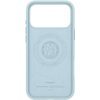 Jasnoniebieskie etui silikonowe z dużym otworem na aparat, posiadające wytłoczony okrągły wzór z tekstem: "Magnetic Case for iPhone - MagFit - Patent 11882223" oraz logo "spigen". Na dole widnieje napis: "Silicone Fit MagFit" oraz informacje o produkcji w
