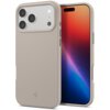 Na zdjęciu widoczne jest etui w kolorze kamiennym, przeznaczone do telefonu Apple iPhone 17 Pro Max, z trzema otworami na aparaty fotograficzne oraz logo producenta w dolnej części. Obok etui znajduje się telefon z wyświetlaczem prezentującym gradientowy 