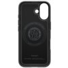 Czarne etui z okrągłym wzorem i napisem "Magnetic Case for iPhone - MagFit - Patent 11-685223" oraz logo "Spigen" na dole. Dodatkowy tekst: "Thin Fit MagFit, Spigen Inc in Irvine, California, Made in South Korea, www.spigen.com".
