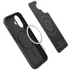 Czarne etui do telefonu z okrągłym wycięciem na aparat i przyciskami bocznymi, obok znajduje się wkładka z logo "Spigen" i napisem "Thin Fit MagFit". Produkt przeznaczony jest do Apple iPhone 17 i posiada funkcję MagSafe.
