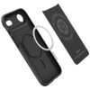 Czarne etui z okrągłym wycięciem na aparat i przyciskami bocznymi, obok znajduje się wkładka z logo "Spigen" oraz napisem "Thin Fit MagFit". Wewnątrz etui widoczny jest okrągły element MagSafe.