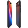Na zdjęciu widoczne jest czarne etui na telefon z wycięciami na przyciski i aparat, prezentowane z przodu i z tyłu. Etui ma gładką powierzchnię i jest dopasowane do kształtu telefonu.
