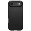Czarne etui na telefon z wycięciem na aparat i logo producenta w dolnej części. Etui ma gładką powierzchnię i jest przeznaczone do modelu Apple iPhone.