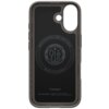 Ciemnoszare etui na telefon z wycięciem na aparat i okrągłym otworem, z widocznym logo "Spigen" oraz napisem "Magnetic Case for iPhone · MagFit · Patent 11-863223". Na dole znajduje się napis "Thin Fit MagFit | Spigen Inc in Irvine, California | Made in S