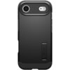 Czarne etui na telefon z wyraźnym logo "spigen" na dolnej części, posiada otwory na aparat i lampę błyskową. Etui ma solidną konstrukcję z wbudowaną podpórką.