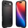 Na zdjęciu widoczne jest czarne etui na telefon z napisem "Spigen" na wbudowanej podpórce oraz telefon z kolorowym wyświetlaczem. Etui ma wycięcia na aparat i przyciski, a na bokach widoczny jest napis "PWR".