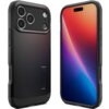 Na zdjęciu widoczne jest czarne etui na telefon z trzema dużymi otworami na aparaty oraz mniejszym na lampę błyskową, a także z wbudowaną podpórką z napisem "Spigen". Obok etui znajduje się telefon z kolorowym gradientem na ekranie, a na bokach etui widoc