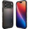 Szare etui na telefon z trzema dużymi otworami na aparaty oraz wbudowaną podpórką z napisem "SPIGEN". Obok etui widoczny jest telefon z kolorowym gradientem na ekranie.