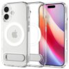 Przezroczyste etui z białymi elementami, przeznaczone do telefonu, z widocznym okrągłym wzorem i metalową podpórką. Obok etui znajduje się telefon z kolorowym ekranem.