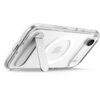 Przezroczysto-białe etui z funkcją MagSafe do Apple iPhone 17 Air, z widoczną podpórką i okrągłym wzorem na środku. Etui posiada wycięcia na aparat i przyciski, a na środku widoczny jest symbol jabłka.