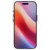 Przezroczysto-białe etui na smartfon z widocznym gradientowym tłem w odcieniach czerwieni, pomarańczu i fioletu na ekranie. Etui ma wycięcia na przyciski i porty urządzenia.