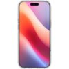 Przezroczyste etui na smartfon z białymi krawędziami, w którym widoczny jest ekran z gradientowym tłem w odcieniach pomarańczowego, różowego i fioletowego. Na górze ekranu znajduje się czarny, podłużny otwór na aparat i czujniki.