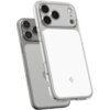 Przezroczysto-białe etui na telefon z trzema dużymi otworami na aparaty oraz mniejszymi na inne elementy, z widocznym logo producenta w dolnej części. Etui ma gładką powierzchnię i wyraźnie zaznaczone krawędzie.