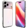 Przezroczysto-białe etui na telefon z trzema dużymi otworami na aparaty oraz logo producenta w dolnej części. Obok etui widoczny jest telefon z kolorowym wyświetlaczem.