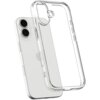 Przezroczyste etui na telefon, ukazane w pozycji unoszącej się nad białym smartfonem z dwoma widocznymi obiektywami aparatu. Etui ma wycięcia na przyciski i aparat, a na telefonie widoczne jest logo w kształcie nadgryzionego jabłka.