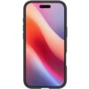 Czarny matowy futerał na telefon z przezroczystym panelem tylnym, ukazujący gradientowe tło w odcieniach czerwieni, pomarańczu i fioletu. Produkt ma zaokrąglone rogi i wycięcia na przyciski oraz aparat.