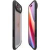 Czarne matowe etui na telefon z przezroczystym tyłem, widoczne z dwóch perspektyw, z wycięciami na przyciski i aparat. Na przezroczystej części etui widać logo w kształcie nadgryzionego jabłka.