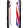 Czarne matowe etui na telefon z przezroczystym tyłem, ukazujące dwa widoki: z przodu i z boku. Etui posiada wycięcia na przyciski i aparat.