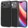 Czarne matowe etui z przezroczystymi elementami, zaprojektowane dla Apple iPhone 17 Pro Max, z widocznymi wycięciami na aparat i logo "Spigen" na boku. W tle ekran telefonu z gradientowym wzorem w odcieniach różu, pomarańczu i niebieskiego.