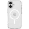 Przezroczyste etui na telefon z widocznym logo w kształcie nadgryzionego jabłka oraz okrągłym wzorem MagSafe. Etui ma wycięcia na dwa obiektywy aparatu i lampę błyskową.