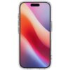 Przezroczyste etui na telefon z widocznym gradientowym tłem w odcieniach pomarańczowego, różowego i fioletowego. Etui ma wyraźnie zaznaczone krawędzie i otwory na przyciski oraz aparat.