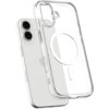 Przezroczyste etui na telefon z widocznym okrągłym wzorem kompatybilnym z MagSafe, obok białego smartfona z dwoma aparatami. Na etui znajdują się wycięcia na przyciski i aparat.