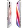 Przezroczyste etui na telefon z widocznym okręgiem MagSafe, zaprojektowane dla Apple iPhone 17, ukazane z dwóch perspektyw: z tyłu i z boku. Etui ma wycięcia na przyciski i porty, a na telefonie widoczny jest gradientowy ekran.