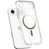 Przezroczyste etui z delikatnym złotym akcentem w kształcie okręgu i pionowej kreski, zaprojektowane dla telefonu Apple iPhone 17 Air. Etui jest pokazane obok telefonu, na którym widoczny jest aparat i logo producenta.