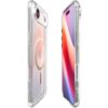 Przezroczyste etui na telefon z widocznym złotym pierścieniem MagSafe, zaprojektowane dla modelu Apple iPhone. Etui ma wycięcia na aparat i przyciski, a na ekranie telefonu widoczny jest gradientowy wzór w odcieniach czerwieni i fioletu.