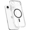 Przezroczyste etui z grafitowym akcentem w kształcie okręgu, zaprojektowane do iPhone'a, leży obok telefonu, ukazując wycięcia na aparat i przyciski. Na etui widoczny jest duży, ciemny okrąg, sugerujący kompatybilność z MagSafe.