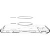 Przezroczyste etui na telefon z widocznymi przyciskami i otworami na kamerę oraz zarysami okręgów wskazującymi na funkcję MagSafe. Produkt jest opisany jako "Etui SPIGEN Ultra Hybrid Mag MagSafe do Apple iPhone 17 Air Przezroczysto biały".