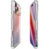 Przezroczyste etui na telefon z widocznymi przyciskami i wycięciami na aparat oraz porty, prezentowane na dwóch ujęciach telefonu. Telefon ma kolorowy ekran i tylną obudowę z widocznym logo w kształcie jabłka.