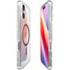 Przezroczyste etui na telefon z widocznym okrągłym wzorem na tylnej części, obok smartfon z kolorowym ekranem. Produkt jest opisany jako "Etui SPIGEN Ultra Hybrid Mag MagSafe do Apple iPhone 17 Przezroczysto grafitowy".