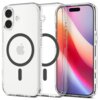 Przezroczyste etui z grafitowym akcentem, przeznaczone do telefonu Apple iPhone, z widocznym logo producenta w formie okręgu. Obok etui znajduje się telefon z kolorowym ekranem, na którym dominują odcienie różu i pomarańczu.