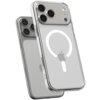Przezroczyste etui na telefon z widocznym logo w kształcie koła i jabłka, przeznaczone do modelu iPhone. Etui ma wycięcia na trzy obiektywy aparatu oraz dodatkowe otwory na inne elementy urządzenia.