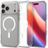 Przezroczyste etui z białymi elementami, zaprojektowane dla Apple iPhone 17 Pro, z widocznym logo producenta SPIGEN oraz okrągłym wzorem MagSafe. Etui prezentowane jest na tle gradientowego ekranu telefonu.