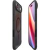 Czarne etui na telefon z przezroczystym tyłem i widocznym okręgiem, zaprojektowane do współpracy z MagSafe. Etui posiada wycięcia na przyciski i aparat oraz jest pokazane z dwóch perspektyw: z przodu i z boku.