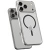 Przezroczysto-grafitowe etui na telefon z trzema dużymi otworami na aparaty oraz widocznym symbolem MagSafe i logo w kształcie jabłka. Etui jest dopasowane do nowoczesnego modelu smartfona.