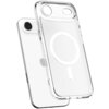 Przezroczyste etui z białym okręgiem MagSafe jest umieszczone obok białego telefonu z widocznym aparatem i logo w kształcie jabłka. Produkt to "Etui SPIGEN Ultra Hybrid Mag MagSafe do Apple iPhone 17 Air Biały".