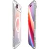 Przezroczyste etui na telefon z widocznym okręgiem na tylnej części, obok smartfon z kolorowym ekranem. Produkt to "Etui SPIGEN Ultra Hybrid Mag MagSafe do Apple iPhone 17 Air Biały".