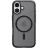 Przezroczyste etui na telefon z czarnymi krawędziami, posiada okrągły wzór MagSafe oraz wycięcia na aparat i przyciski. Na środku widoczne jest logo w kształcie nadgryzionego jabłka.