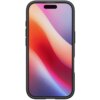 Czarny futerał na telefon z przezroczystym tyłem, w którym znajduje się urządzenie z kolorowym, abstrakcyjnym tłem na ekranie. Obudowa ma zaokrąglone rogi i wycięcia na przyciski oraz aparat.