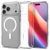 Przezroczysto-białe etui na telefon z trzema dużymi otworami na aparaty oraz widocznym okrągłym wzorem MagSafe. Na etui znajduje się napis "Spigen" oraz logo w kształcie jabłka.