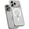 Przezroczysto-białe etui na telefon z trzema dużymi otworami na aparaty oraz widocznym logo w kształcie jabłka i okręgiem MagSafe. Etui jest dopasowane do nowoczesnego smartfona z zaokrąglonymi krawędziami.