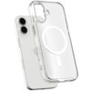 Przezroczyste etui z białym pierścieniem MagSafe, przeznaczone do telefonu z dwoma aparatami i logo w kształcie jabłka. Etui ma wycięcia na przyciski i aparat oraz dodatkowy otwór na mniejszy element.