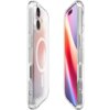 Przezroczyste etui na telefon z widocznym białym okręgiem MagSafe, zaprojektowane dla modelu Apple iPhone. Etui posiada wycięcia na przyciski i aparat, a jego krawędzie są lekko zaokrąglone.