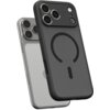 Na zdjęciu widoczne są dwa etui na telefon, jedno czarne z przezroczystym tyłem i okrągłym wzorem, a drugie przezroczyste z widocznymi aparatami. Oba etui mają wycięcia na przyciski i aparaty.