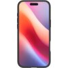 Przedstawione jest etui na telefon z czarną ramką, w którym znajduje się urządzenie z kolorowym gradientowym tłem na ekranie. Etui ma wycięcia na przyciski i porty, a ekran telefonu pokazuje abstrakcyjne wzory w odcieniach pomarańczowego, różowego i fiole