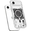 Przezroczyste etui na telefon z widocznymi elementami technologicznymi i zwojem MagSafe, z napisem "Spigen Neo One" na dole. W tle widać tylną część telefonu z logo w kształcie jabłka.