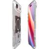 Przezroczyste etui na telefon z widocznymi elementami konstrukcyjnymi, obok smartfon z kolorowym wyświetlaczem. Na etui widoczny jest okrągły element, prawdopodobnie związany z funkcją MagSafe.